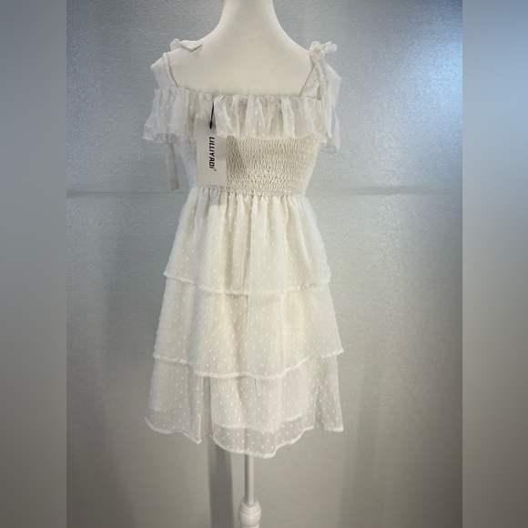 Square Neck Puff Sleeves Ruffle Midi Dress Boho Swiss Dot Tie Back Smocked Dress - Picture 8 of 17